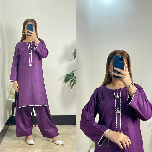 Cotton Casual Wear 2-Piece with Neck Detailing & Fershi Shalwar