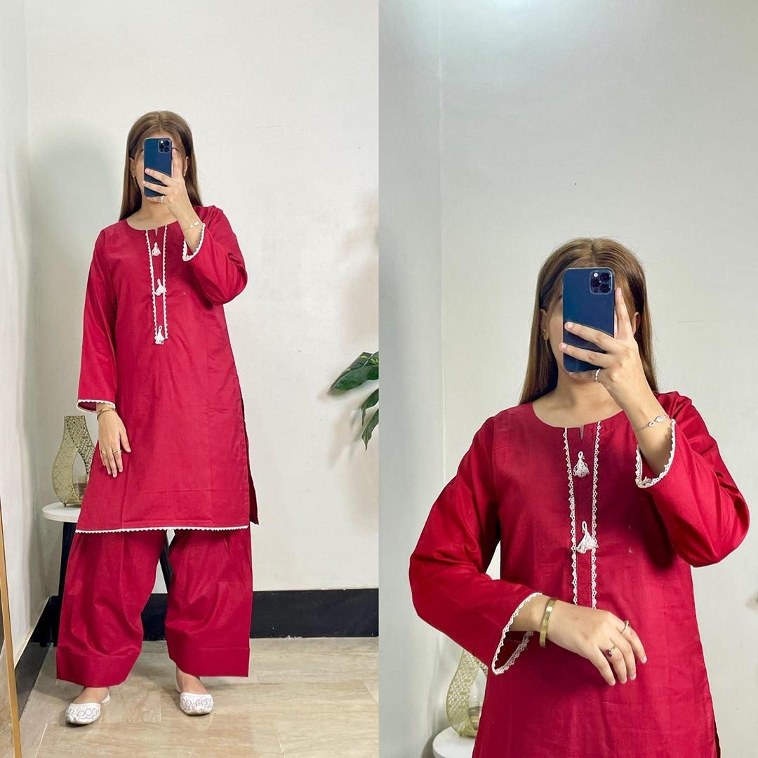 Cotton Casual Wear 2-Piece with Neck Detailing & Fershi Shalwar