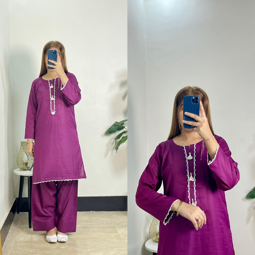Cotton Casual Wear 2-Piece with Neck Detailing & Fershi Shalwar