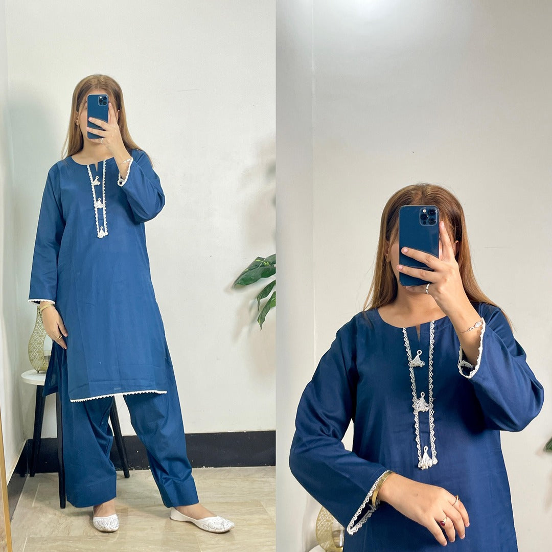 Cotton Casual Wear 2-Piece with Neck Detailing & Fershi Shalwar