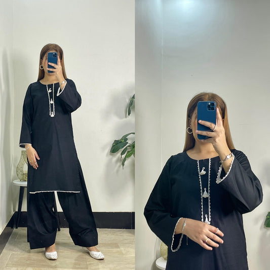 Cotton Casual Wear 2-Piece with Neck Detailing & Fershi Shalwar